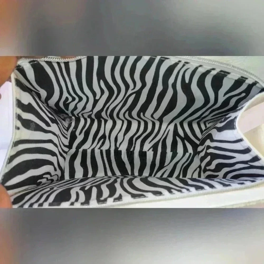Gold Metallic Floral Embossed Cosmetic Bag‎ Zebra Print Lining Iris Zipper Pull